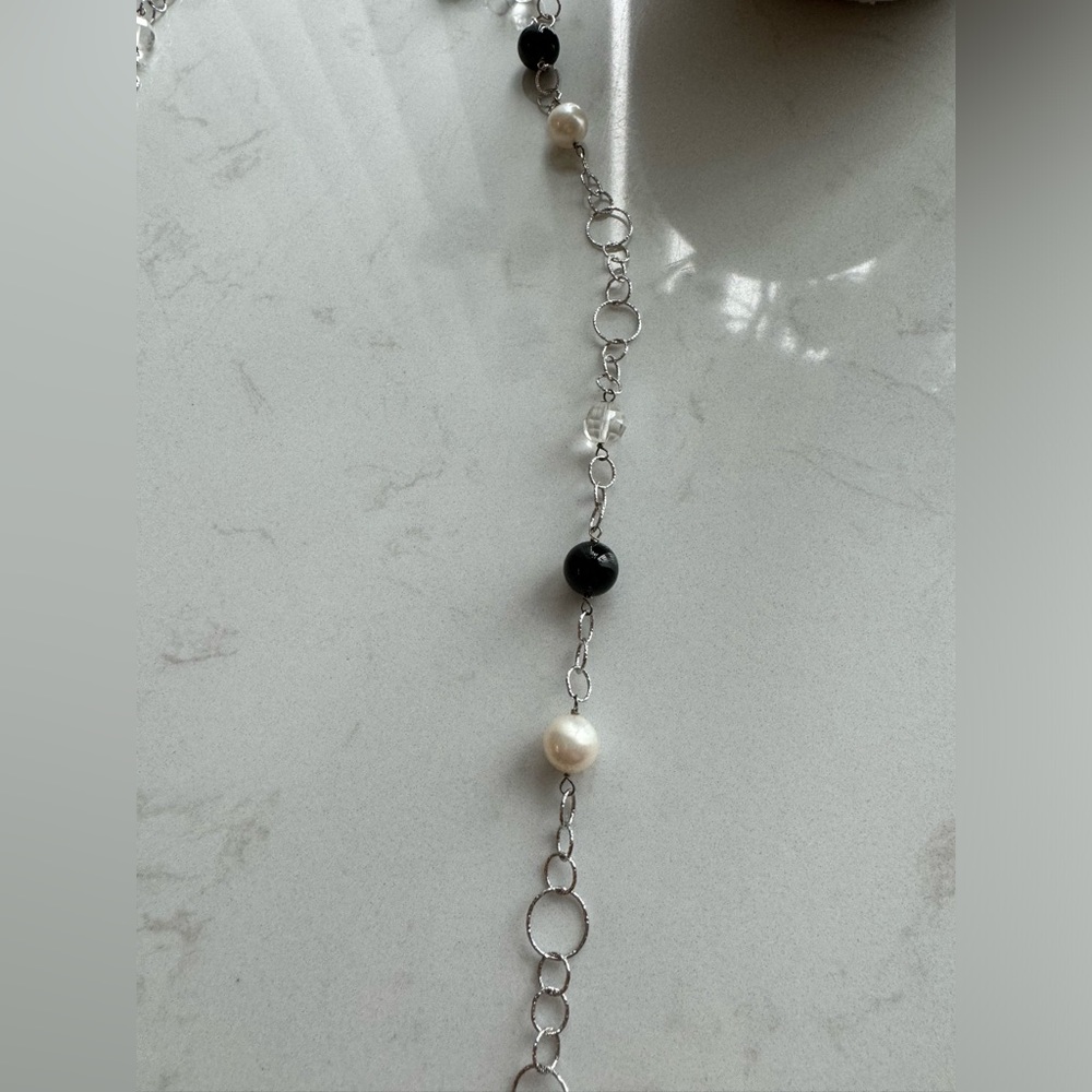 Stylish Handcrafted Silver Necklace with Black, White, and Crystal Beading - Picture 4 of 6